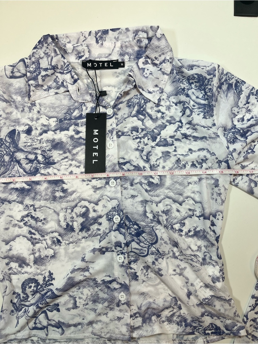 Motel Cherub Cloud Print Mesh Button Up Sheer Long Sleeve Top - Picture 4 of 5